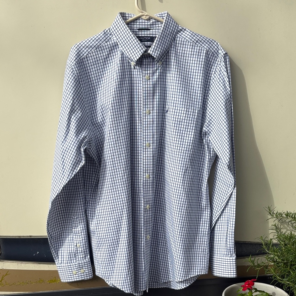 Nautica Men's Navy and White Checkered Dress Shirt - Picture 2 of 7